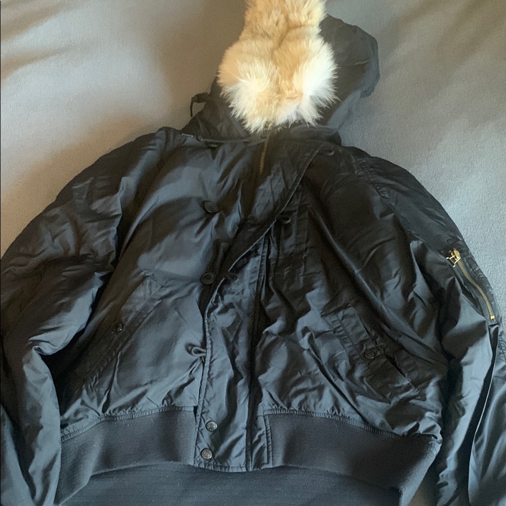 Black Hooded Jacket with Faux Fur Trim